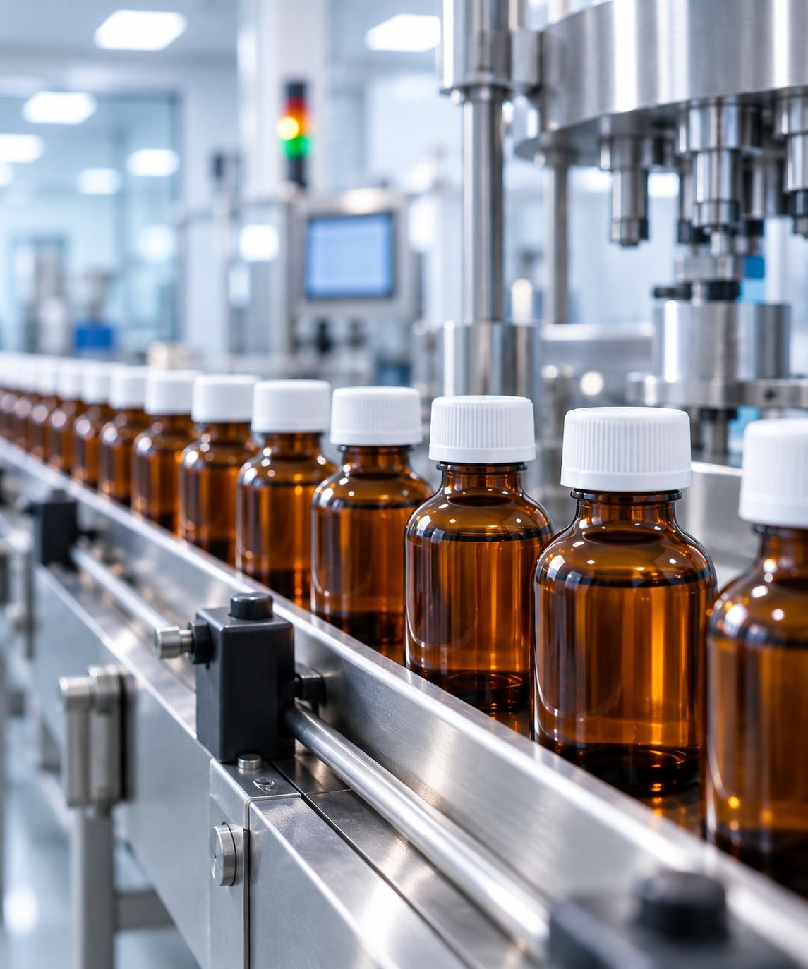 Rows of finished medicine bottles on a pharmaceutical production line